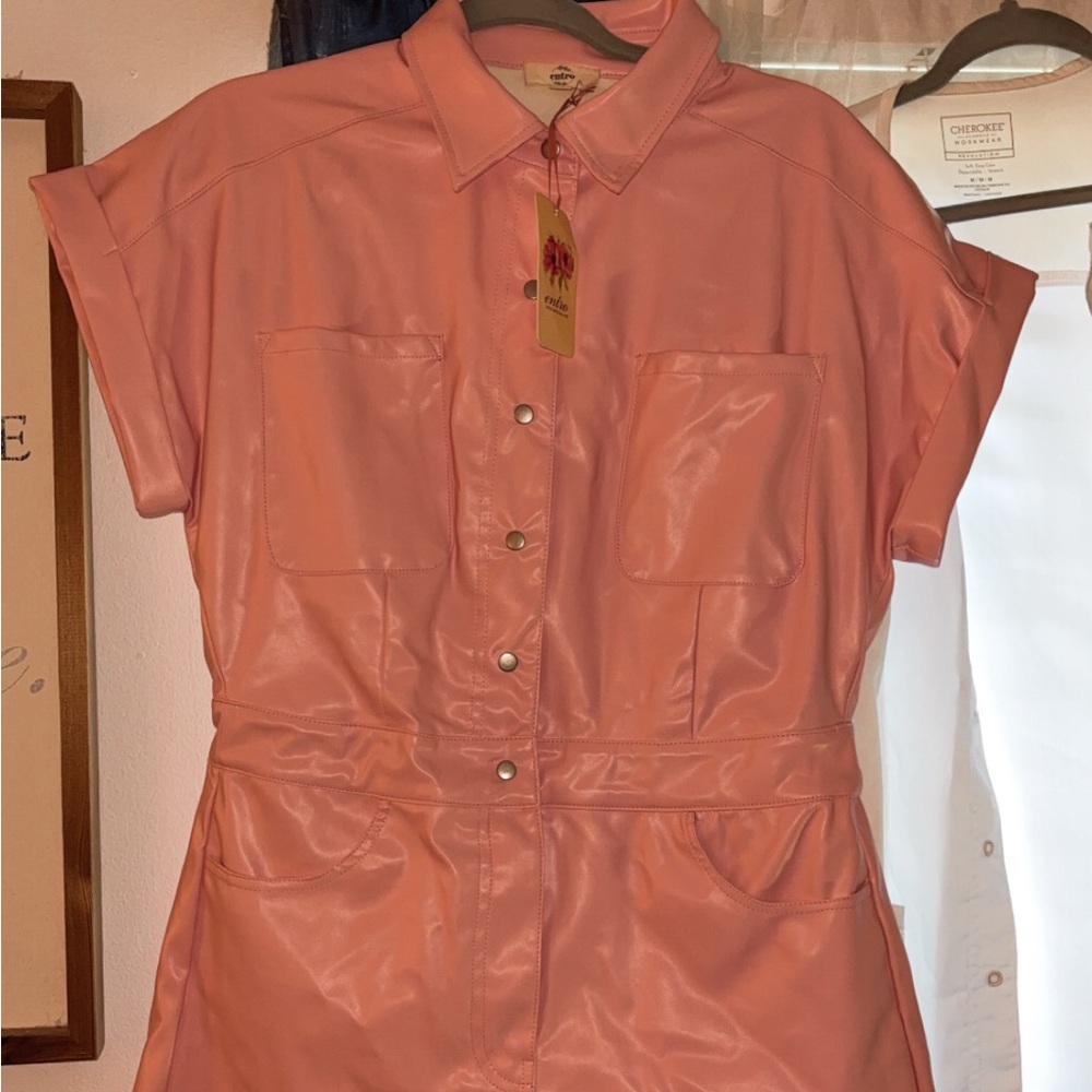 Pink Short Sleeve Button-Up Faux Leather Romper
